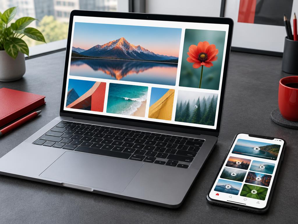 Illustrative digital workspace with a website on a laptop and a video app on a phone